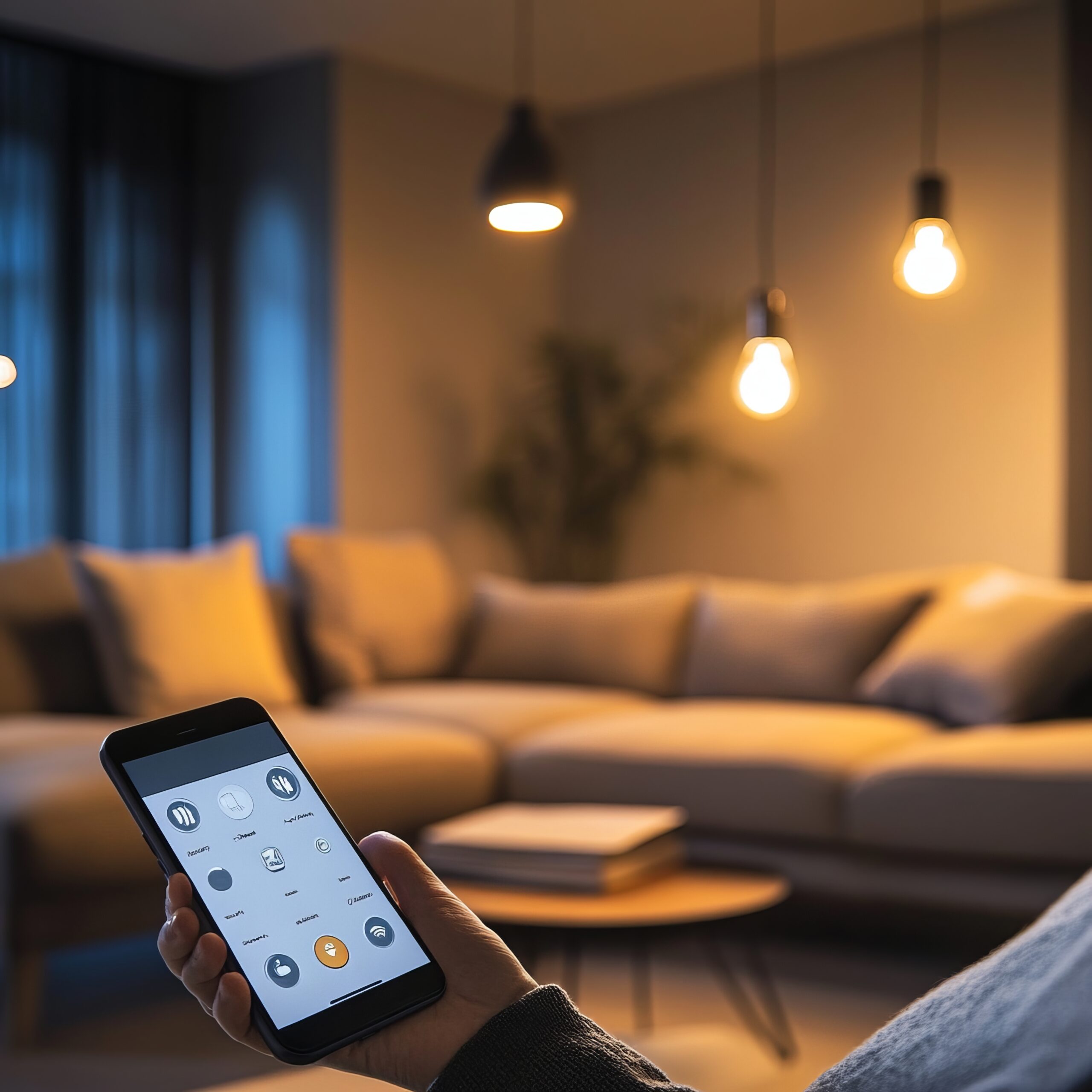 Person using smartphone to control smart home devices in living room with couch and lamps.